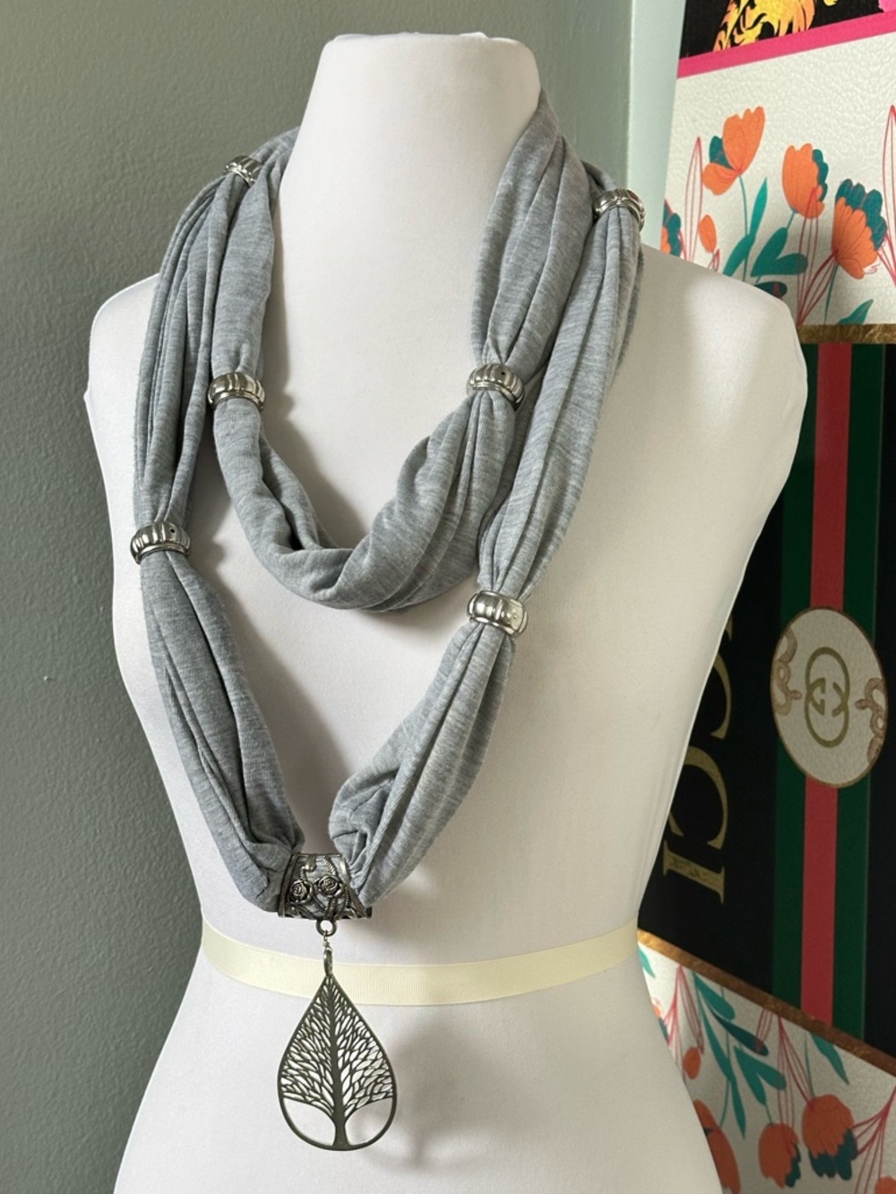 32” Gray Fabric Necklace Scarf w/ Pewter Tree of Life Pendant Lovell Designs